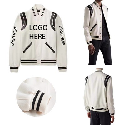 Mens Wool Varsity Jacket With Real Leather Sleeves